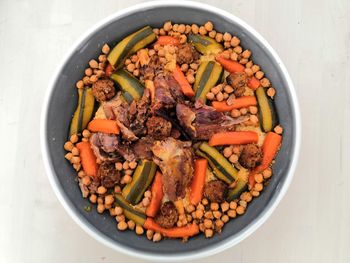 High angle view of chopped vegetables in bowl