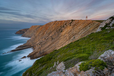 Cabo espichel cape at sunset with sea cliffs and atlantic ocean landscape, in portugal