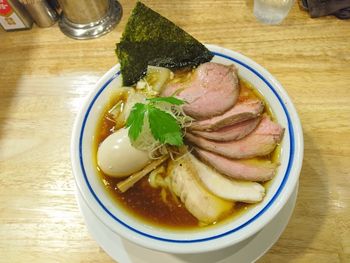 High angle view of food in bowl on table