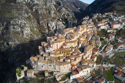 Close aerial view of the village of barrea abruzzo
