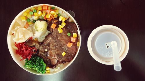 High angle view of breakfast served on table