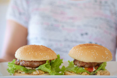 Close-up of burger on tray