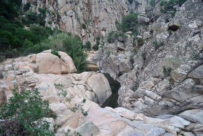 Rock formation on land against trees