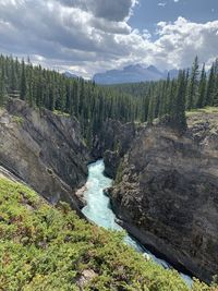 Scenic view of waterfall against sky