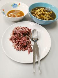 High angle view of meal served on table