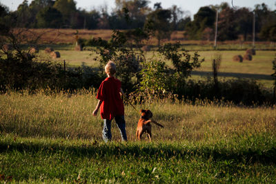 Rear view of boys walking with dog on field