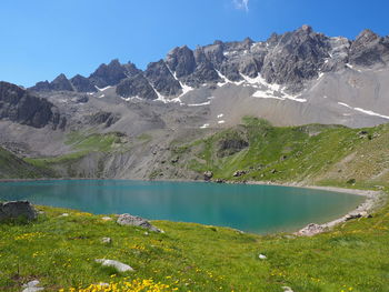 Scenic view of lake and mountains against clear sky