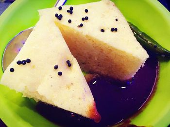 Close-up of served cake slice in plate