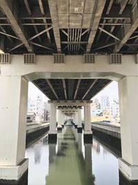 Bridge over river in city against sky