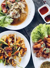 High angle view of food served on table