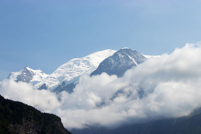 Low angle view of snowcapped mountains against sky