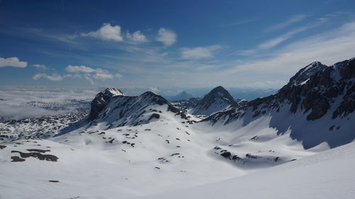 Scenic view of snowcapped mountains against sky