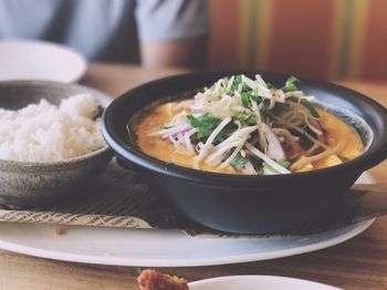 Close-up of soup in bowl on table
