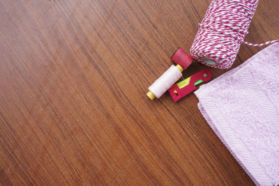 High angle view of multi colored pencils on table at home