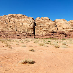 Rock formations in desert against clear blue sky