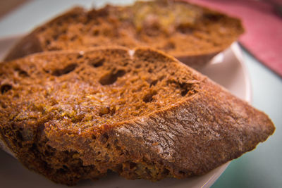 Toasted rye bread in a plate close-up. morning breakfast