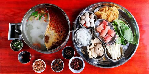 High angle view of fish in bowl on table