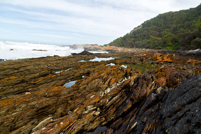 Scenic view of rocky shore and sea against sky