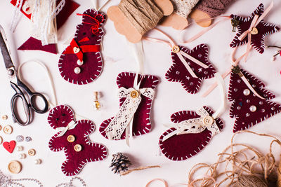 High angle view of christmas decorations on table