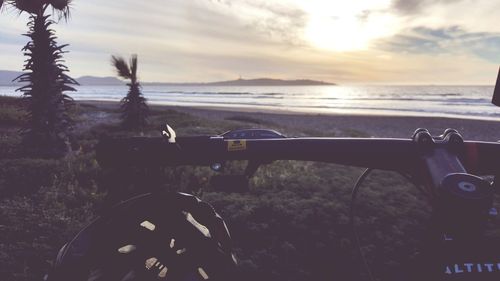 Close-up of bird perching by sea against sky during sunset