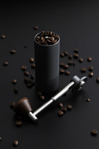 High angle view of equipment on table