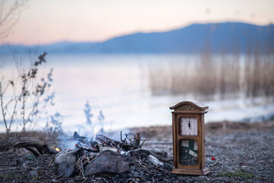 Close-up of tortoise against sky at sunset