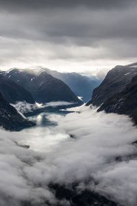 Scenic view of mountains against cloudy sky