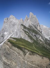 Scenic view of snowcapped mountains against clear blue sky