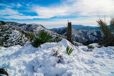 Snow covered landscape against sky