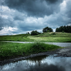 Scenic view of grassy field against cloudy sky