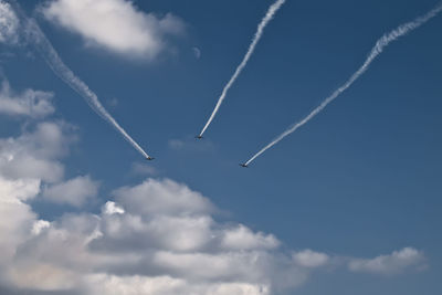 Military aircraft squadron flies into the distance in blue skies