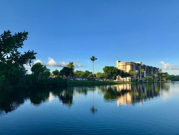 Scenic view of lake against blue sky