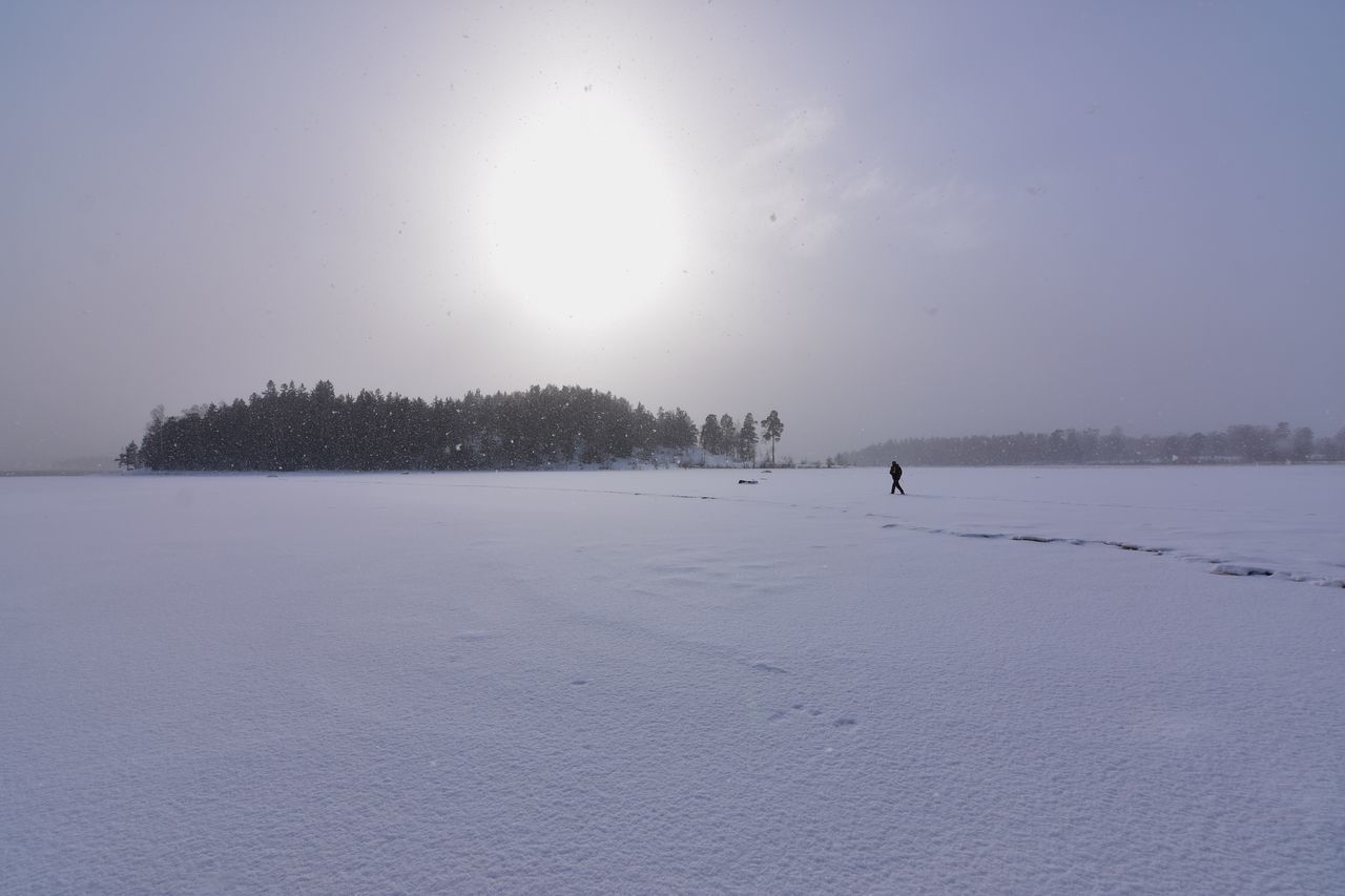 SCENIC VIEW OF FROZEN FIELD AGAINST SKY