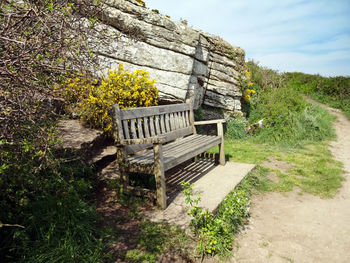 Empty bench on field by trees against sky