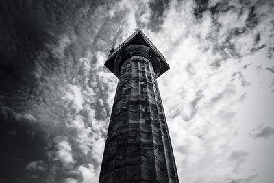 Low angle view of tower against cloudy sky