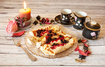 High angle view of breakfast on table