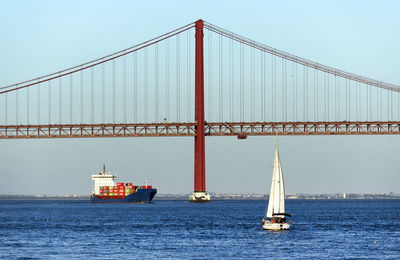 View of bridge over calm blue sea