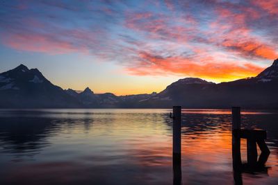 Scenic view of lake against cloudy sky during sunset