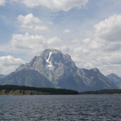 Scenic view of lake and snowcapped mountains against sky