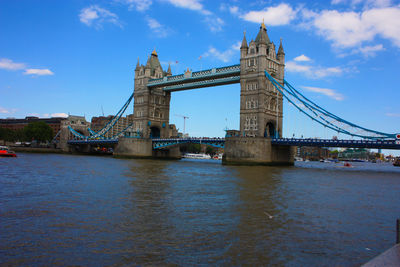 Bridge over river with city in background