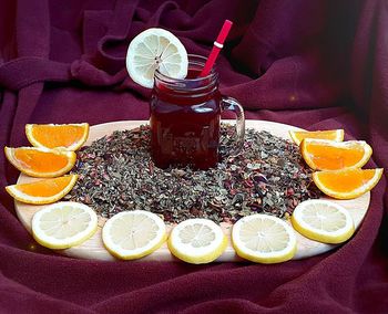 Close-up of drink served on table