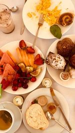 High angle view of breakfast served on table