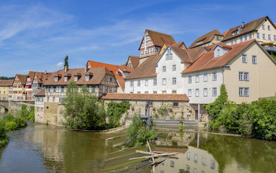 Buildings by river against sky