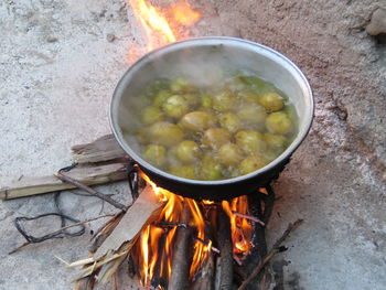 High angle view of food on barbecue grill