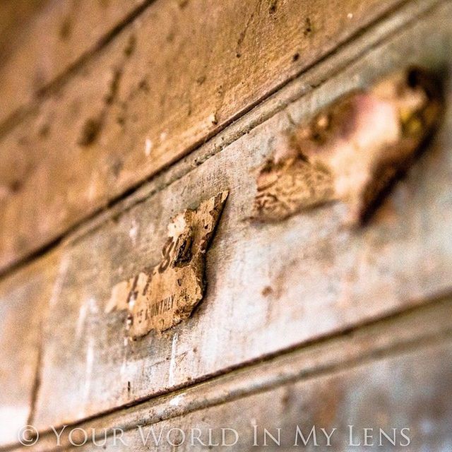 text, close-up, old, wood - material, western script, indoors, communication, weathered, art and craft, art, wooden, wall - building feature, creativity, damaged, run-down, abandoned, deterioration, obsolete, wall, built structure