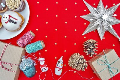 High angle view of christmas decorations on table