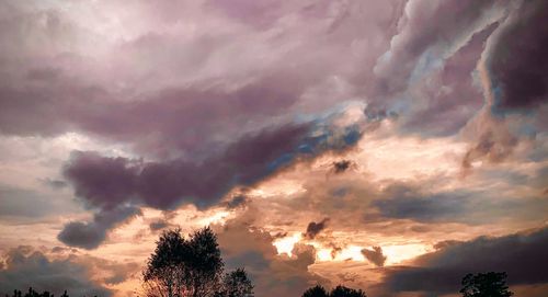 Low angle view of silhouette trees against dramatic sky