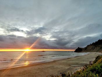 Scenic view of beach against sky during sunset