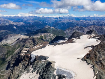 Aerial view of snowcapped mountains against sky