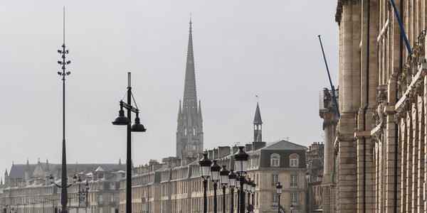 Panoramic view of buildings in city against clear sky